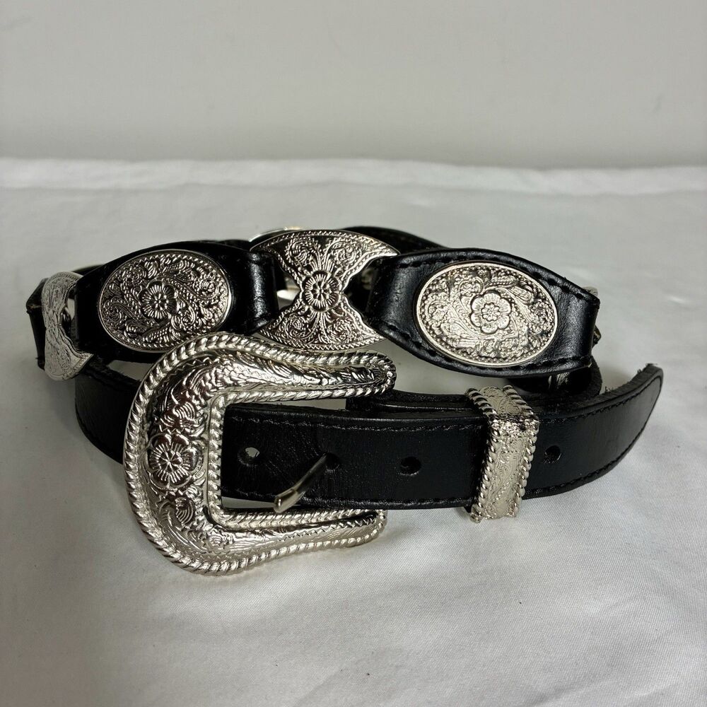 Concho Belt Women's Sz L Black Leather Silver Floral Tone  Southwestern Cowgirl